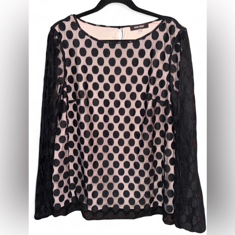Nine West Soft Pink & Black Polka Dot Sheer-Sleeve Mesh Overlay Blouse Sz Large